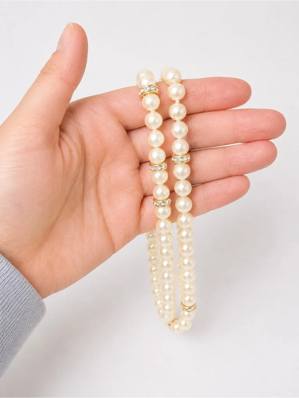 J.Crew Long Strand Faux Pearl Necklace Gold Rhinestone Accents